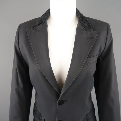 JEAN PAUL GAULTIER Size 10 Gray Cotton Embroidered Peak Lapel Blazer Jacket JEAN PAUL GAULTIER
