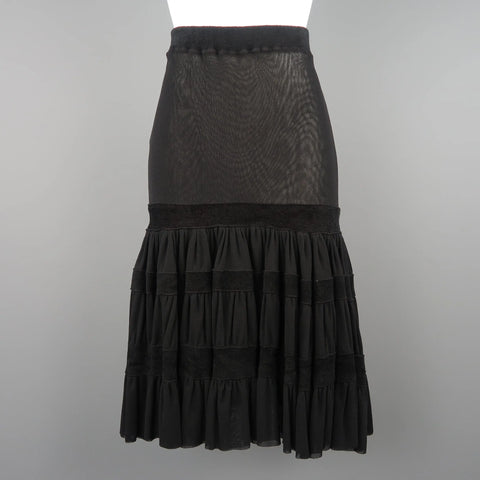 JEAN PAUL GAULTIER Size S Black Mesh Velour Trim Drop Waist Ruffle Skirt JEAN PAUL GAULTIER