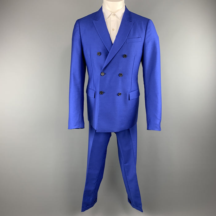 JIL SANDER 42 Royal Blue Solid Wool / Mohair Double Breasted Peak Lapel Suit