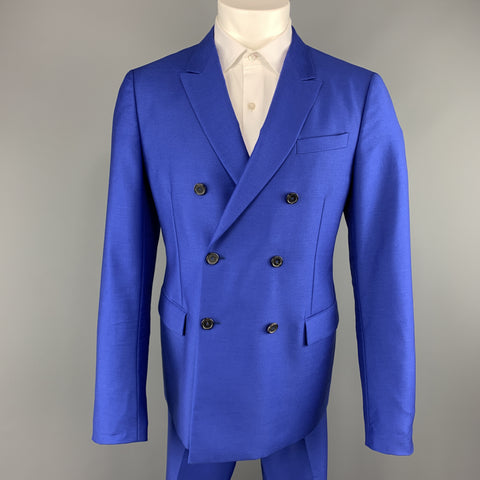 JIL SANDER 42 Royal Blue Solid Wool / Mohair Double Breasted Peak Lapel Suit