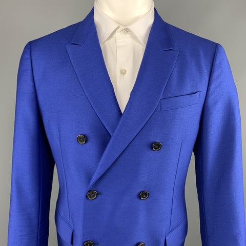 JIL SANDER 42 Royal Blue Solid Wool / Mohair Double Breasted Peak Lapel Suit