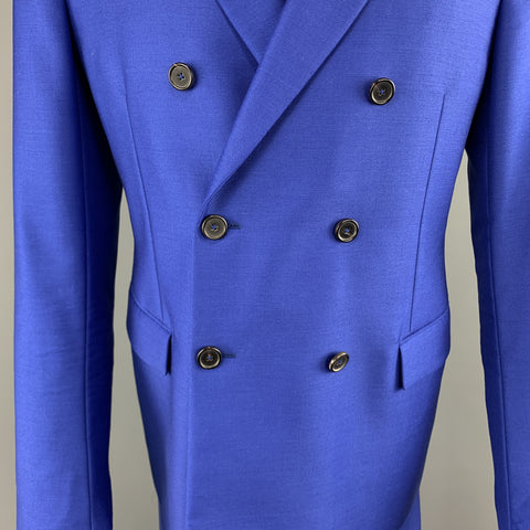 JIL SANDER 42 Royal Blue Solid Wool / Mohair Double Breasted Peak Lapel Suit