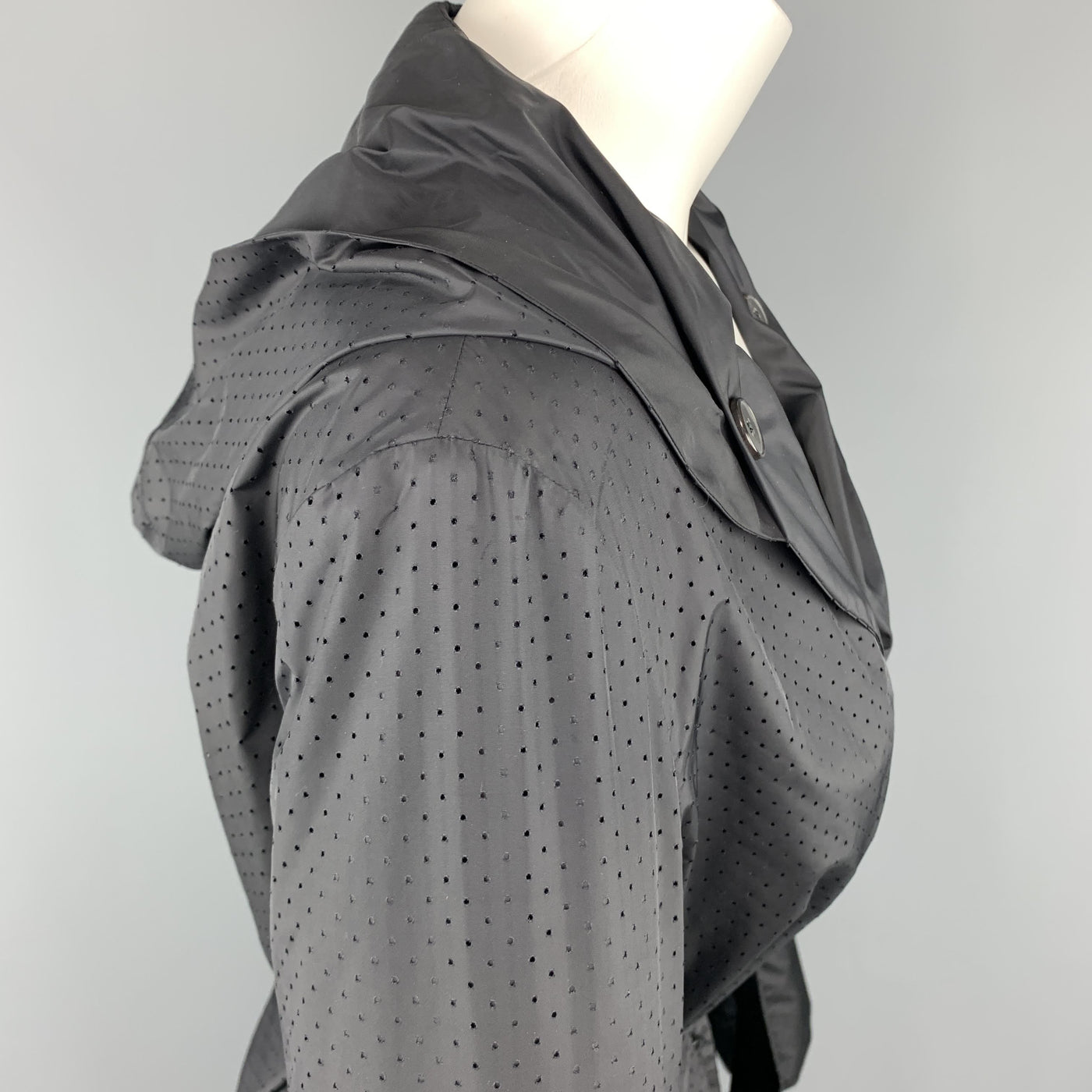 JIL SANDER Size 6 Black Perforated Nylon Hooded Coat