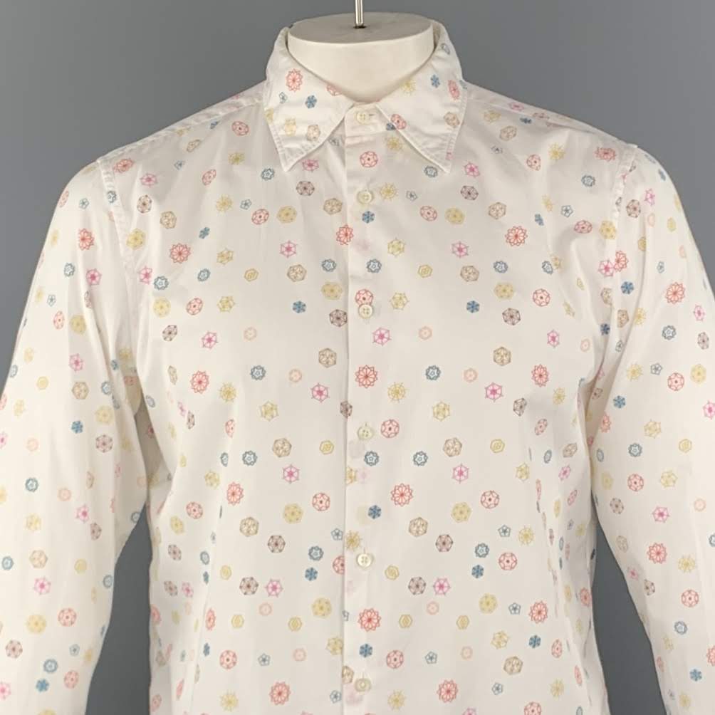 JIL SANDER Size L White Print Cotton Button Up Long Sleeve Shirt