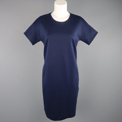 JIL SANDER Size M Navy Cotton / Polyester Jersey Short Sleeve Belted Shift Dress