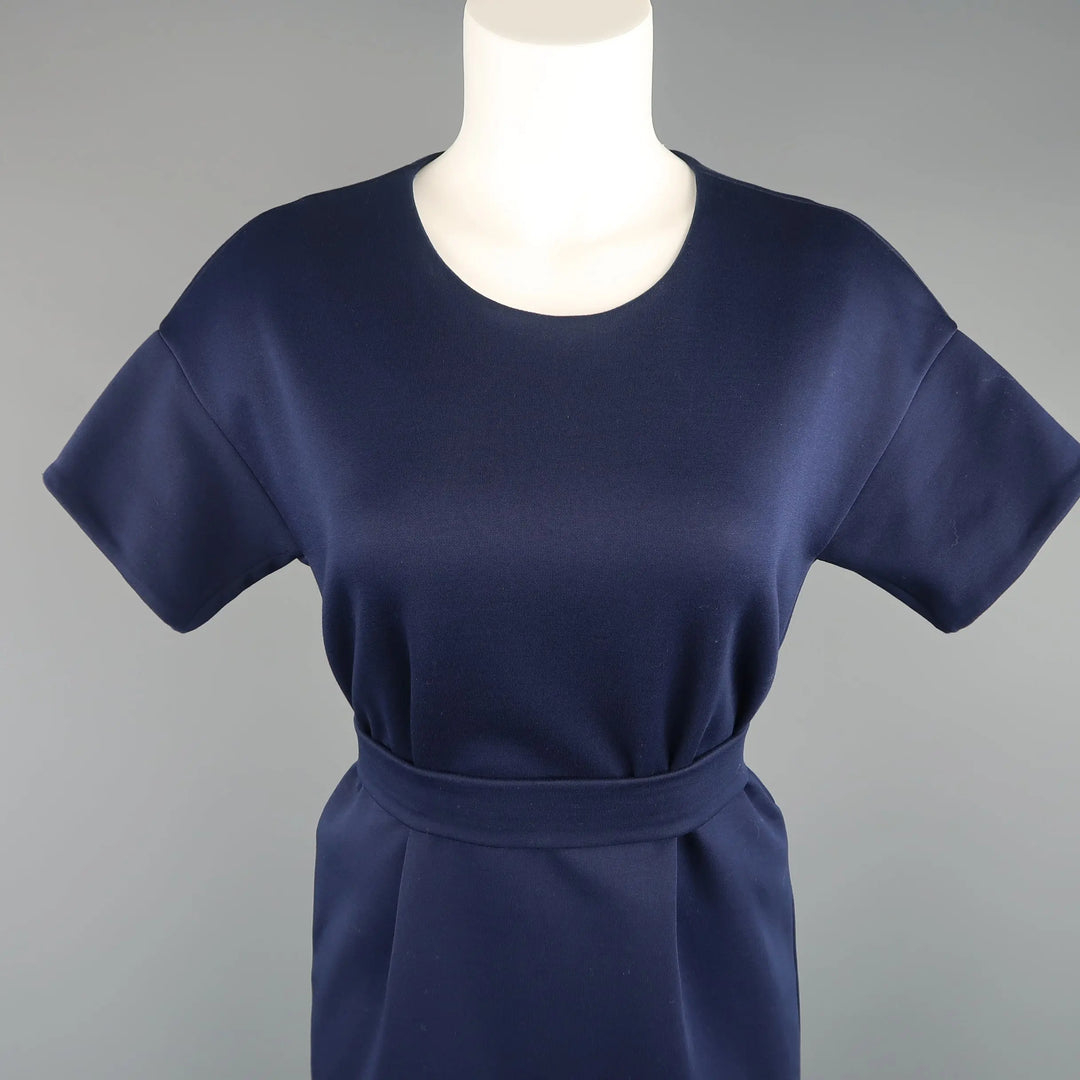 JIL SANDER Size M Navy Cotton / Polyester Jersey Short Sleeve Belted Shift Dress JIL SANDER Size M Navy Cotton / Polyester Jersey Short Sleeve Belted Shift Dress