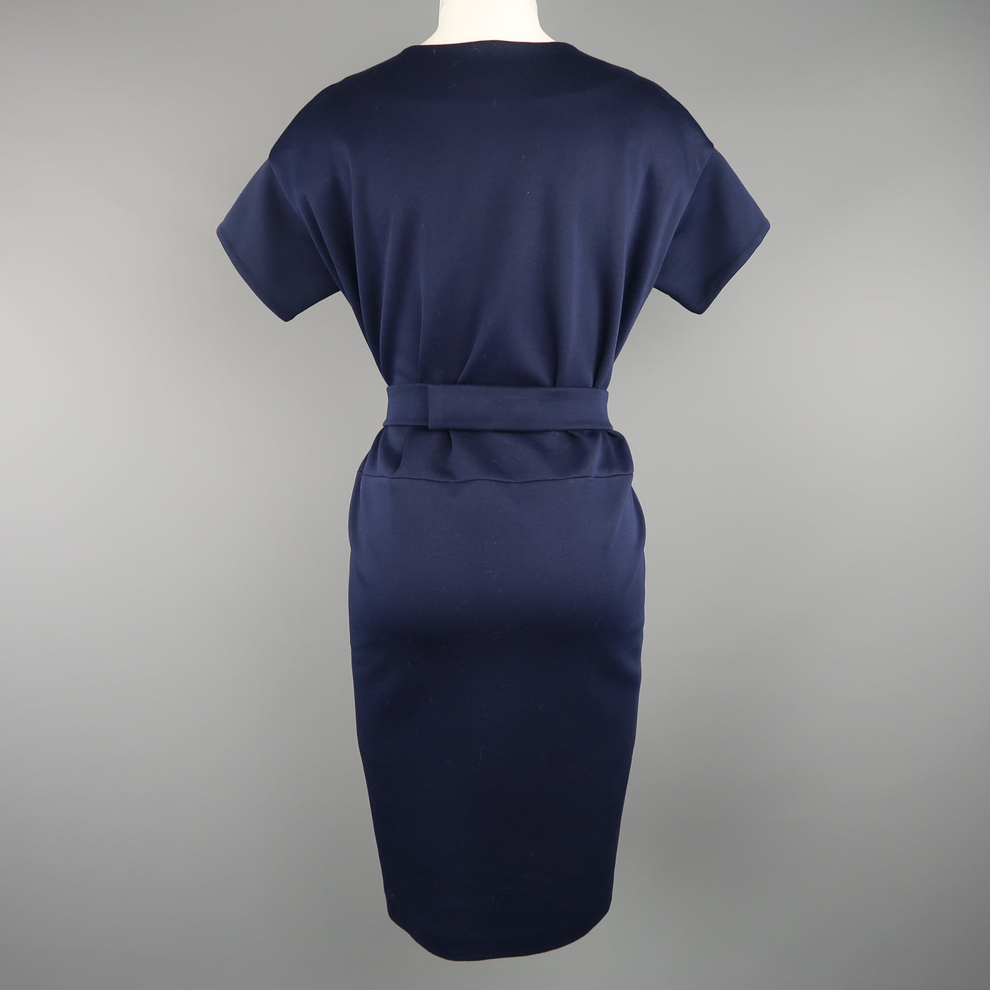 JIL SANDER Size M Navy Cotton / Polyester Jersey Short Sleeve Belted Shift Dress