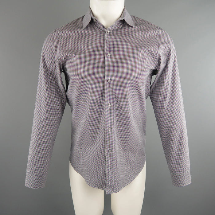 Size S JIL SANDER Navy & Green Checkered Cotton Button Up Long Sleeve Shirt