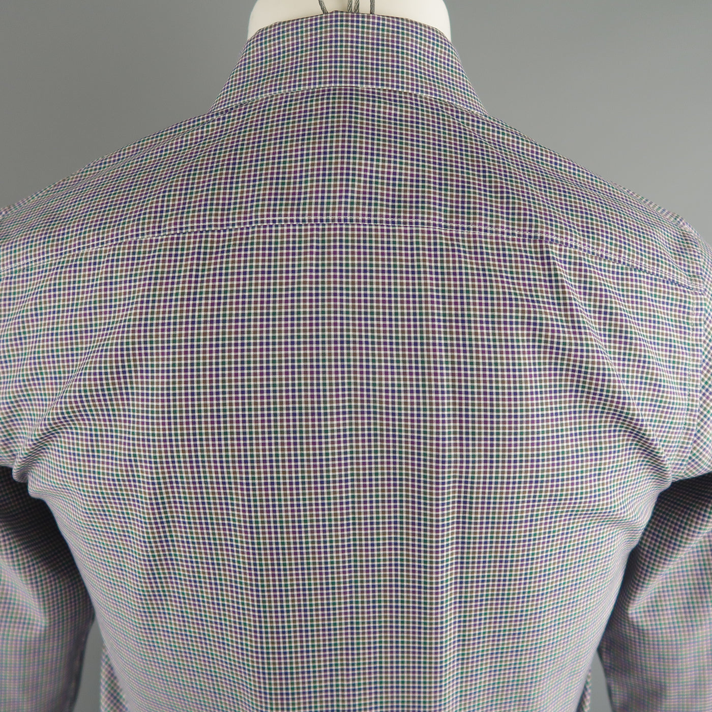 Size S JIL SANDER Navy & Green Checkered Cotton Button Up Long Sleeve Shirt