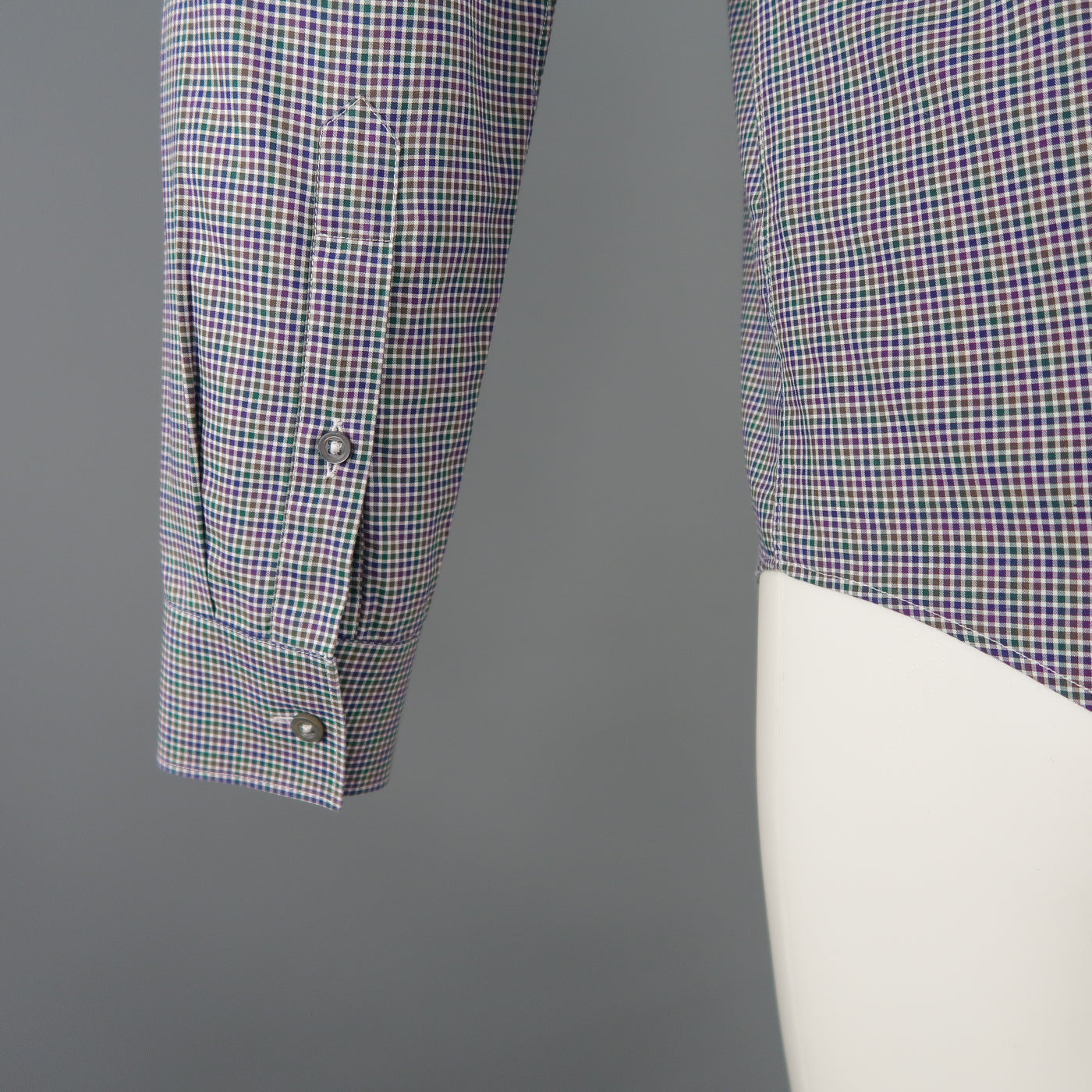 Size S JIL SANDER Navy & Green Checkered Cotton Button Up Long Sleeve Shirt