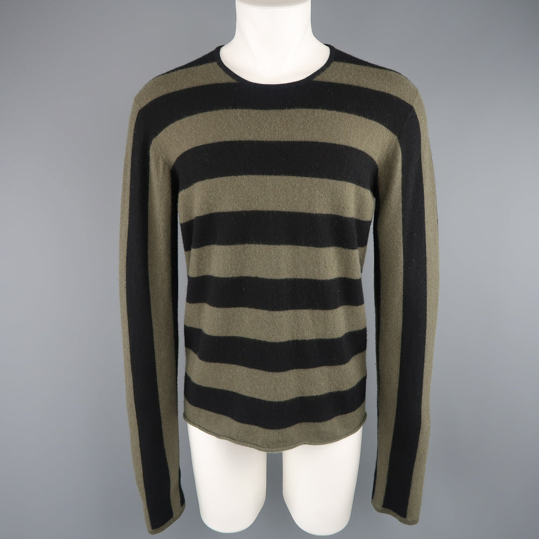 JIL SANDER Size XL Black & Olive Green Striped Cashmere Pullover Sweater