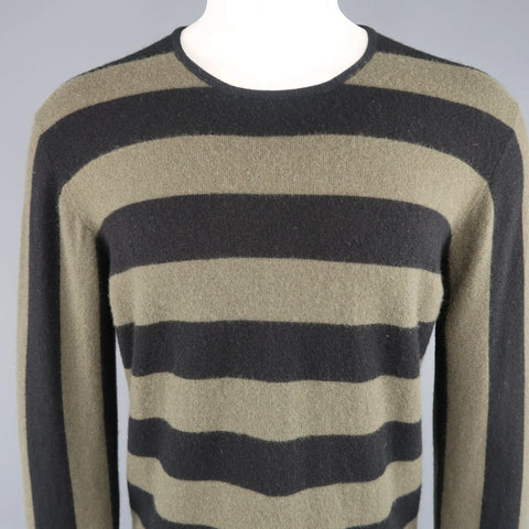 JIL SANDER Size XL Black & Olive Green Striped Cashmere Pullover Sweater JIL SANDER