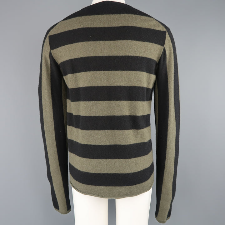JIL SANDER Size XL Black & Olive Green Striped Cashmere Pullover Sweater