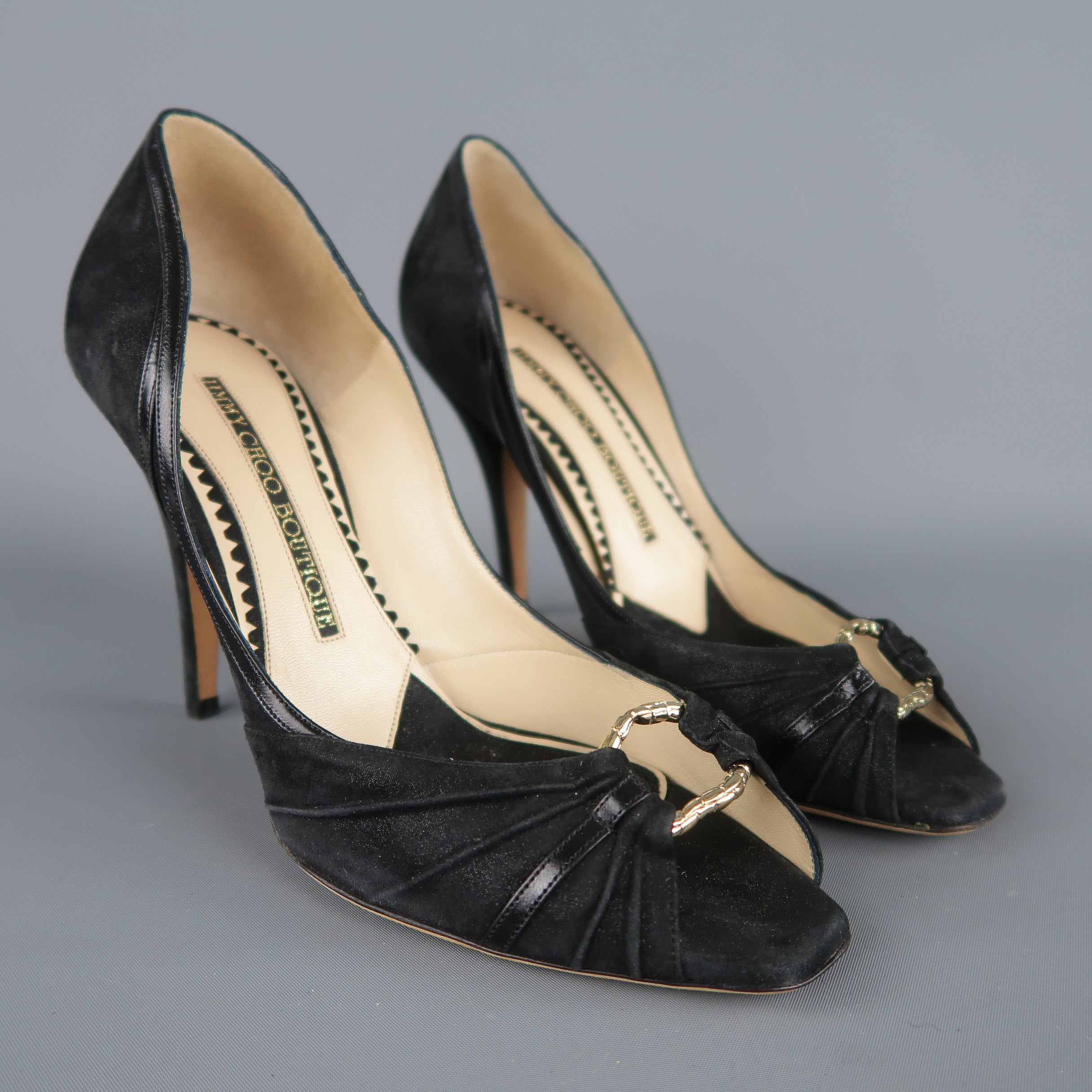 JIMMY CHOO BOUTIQUE Size 9 Black Suede Gold Hoop Peep Toe Pumps Sui Generis Designer Consignment