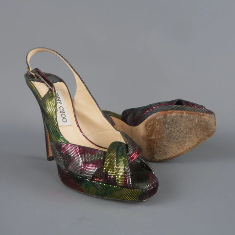 JIMMY CHOO Size 6.5 Multi-Color Lame' Slingbakc Platform Pumps JIMMY CHOO