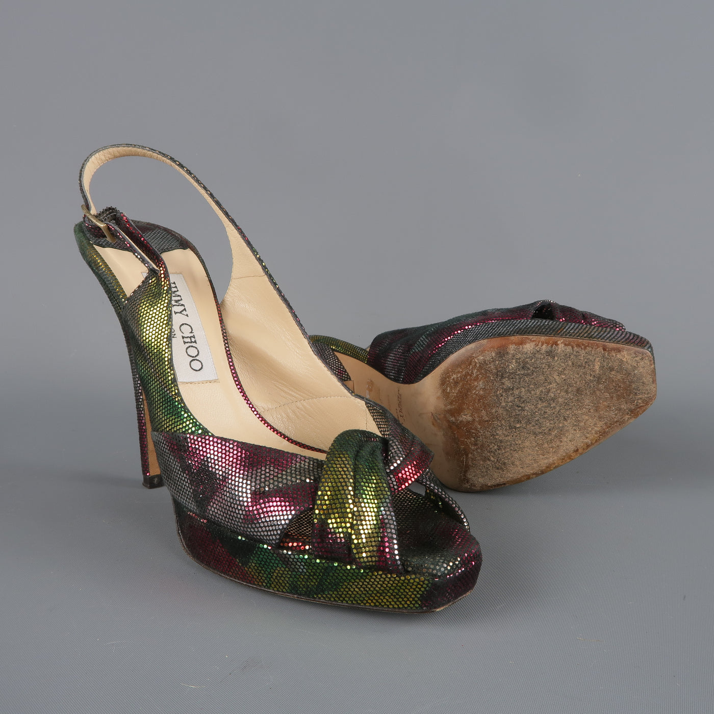 JIMMY CHOO Size 6.5 Multi-Color Lame' Slingbakc Platform Pumps
