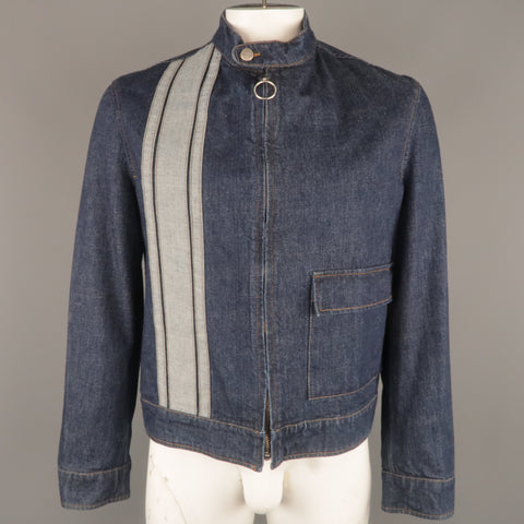 JOHN BARTLETT 42 Indigo Denim Stripe Zip Up Biker Style Jacket