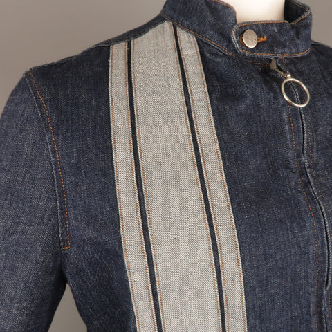 JOHN BARTLETT 42 Indigo Denim Stripe Zip Up Biker Style Jacket