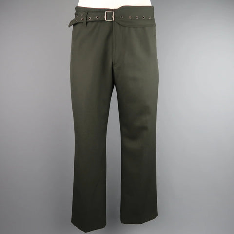 JOHN BARTLETT Size 34 Olive Wool Wide Leg Grommet Belt Pants JOHN BARTLETT