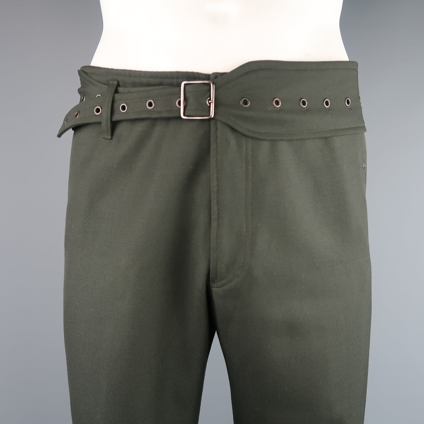 JOHN BARTLETT Size 34 Olive Wool Wide Leg Grommet Belt Pants