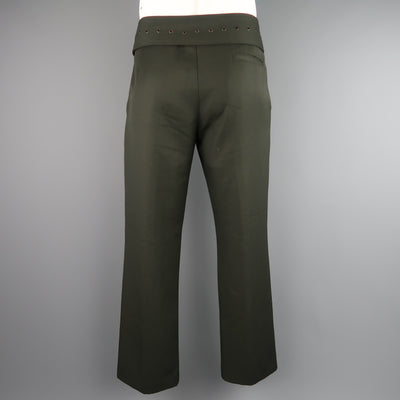 JOHN BARTLETT Size 34 Olive Wool Wide Leg Grommet Belt Pants