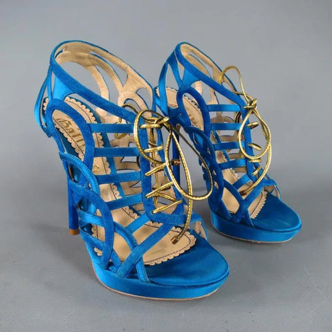 JOHN GALLIANO 6 Aqua Blue Silk & Suede Platform Gold Lace Up Platform Sandals JOHN GALLIANO
