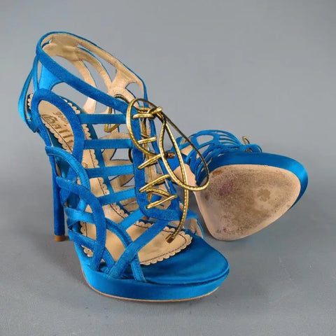 JOHN GALLIANO 6 Aqua Blue Silk & Suede Platform Gold Lace Up Platform Sandals JOHN GALLIANO