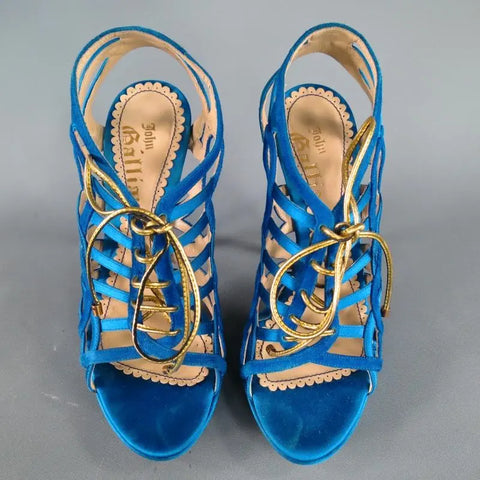 JOHN GALLIANO 6 Aqua Blue Silk & Suede Platform Gold Lace Up Platform Sandals JOHN GALLIANO