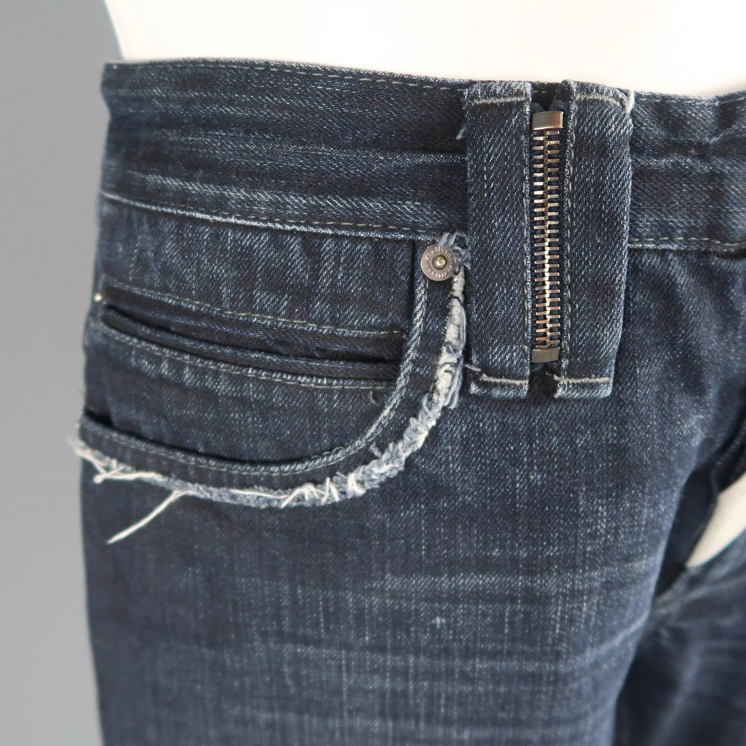 JOHN GALLIANO Size 30 Navy Wash Distressed Denim Back Hoop Jeans