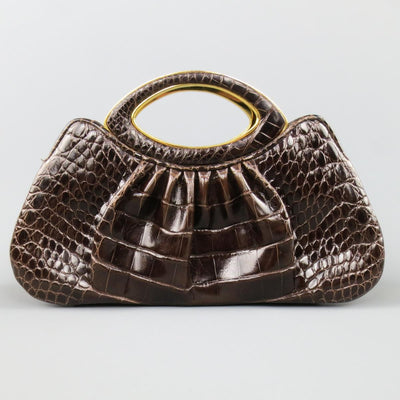 JUDITH LEIBER Brown & Gold Alligator Leather Evening Handbag Bag