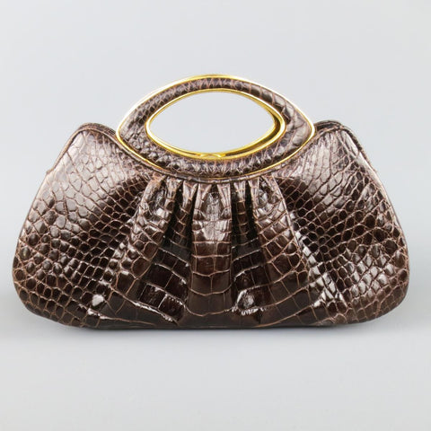 JUDITH LEIBER Brown & Gold Alligator Leather Evening Handbag Bag