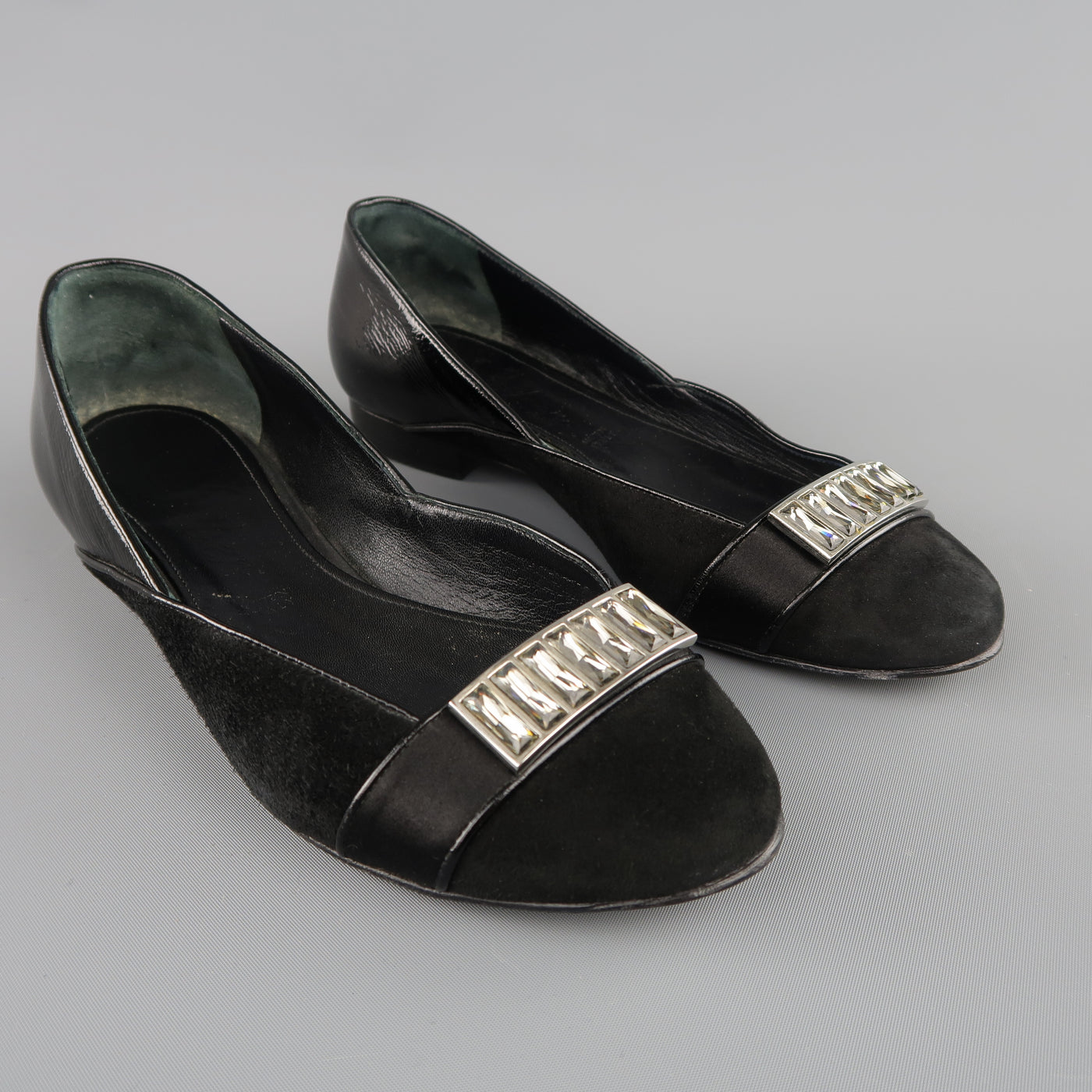 JUDITH LEIBER Size 5 Black Suede & Patent Leather Rhinestone Flats