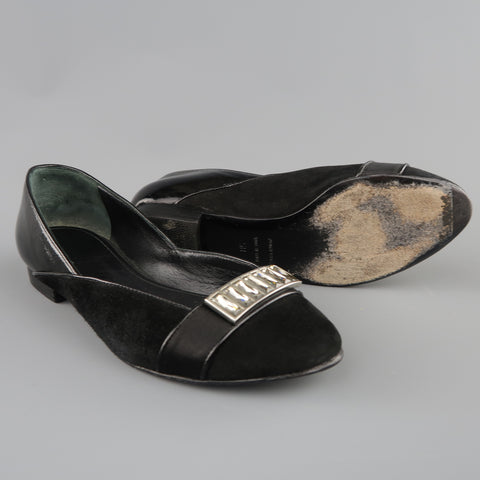 JUDITH LEIBER Size 5 Black Suede & Patent Leather Rhinestone Flats