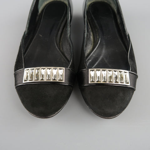 JUDITH LEIBER Size 5 Black Suede & Patent Leather Rhinestone Flats