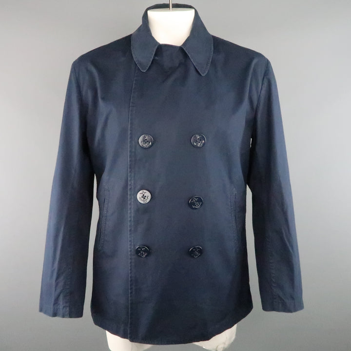 JUNYA WATANABE L Navy Solid Cotton Double Breasted Peacoat Jacket