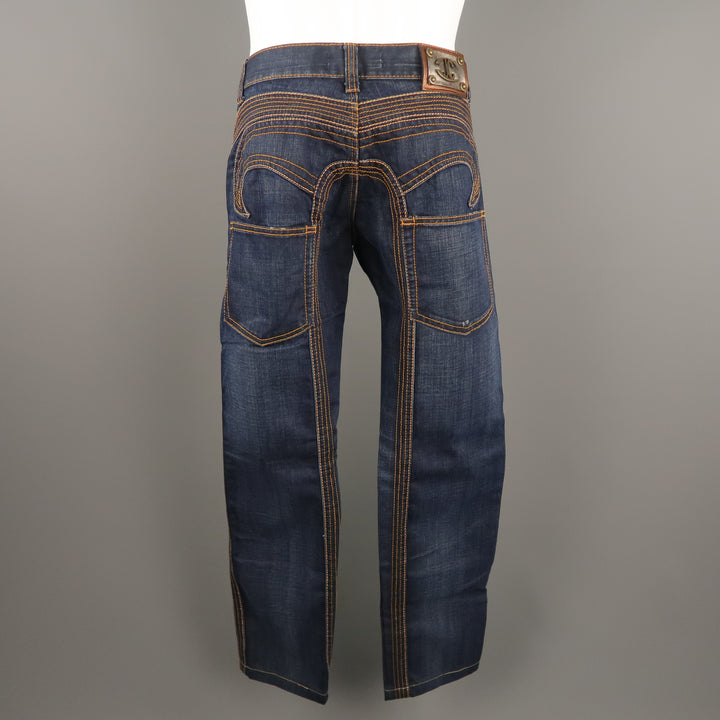 JUST CAVALLI Size 31 Indigo Contrast Stitch Denim 31 Button Fly Jeans