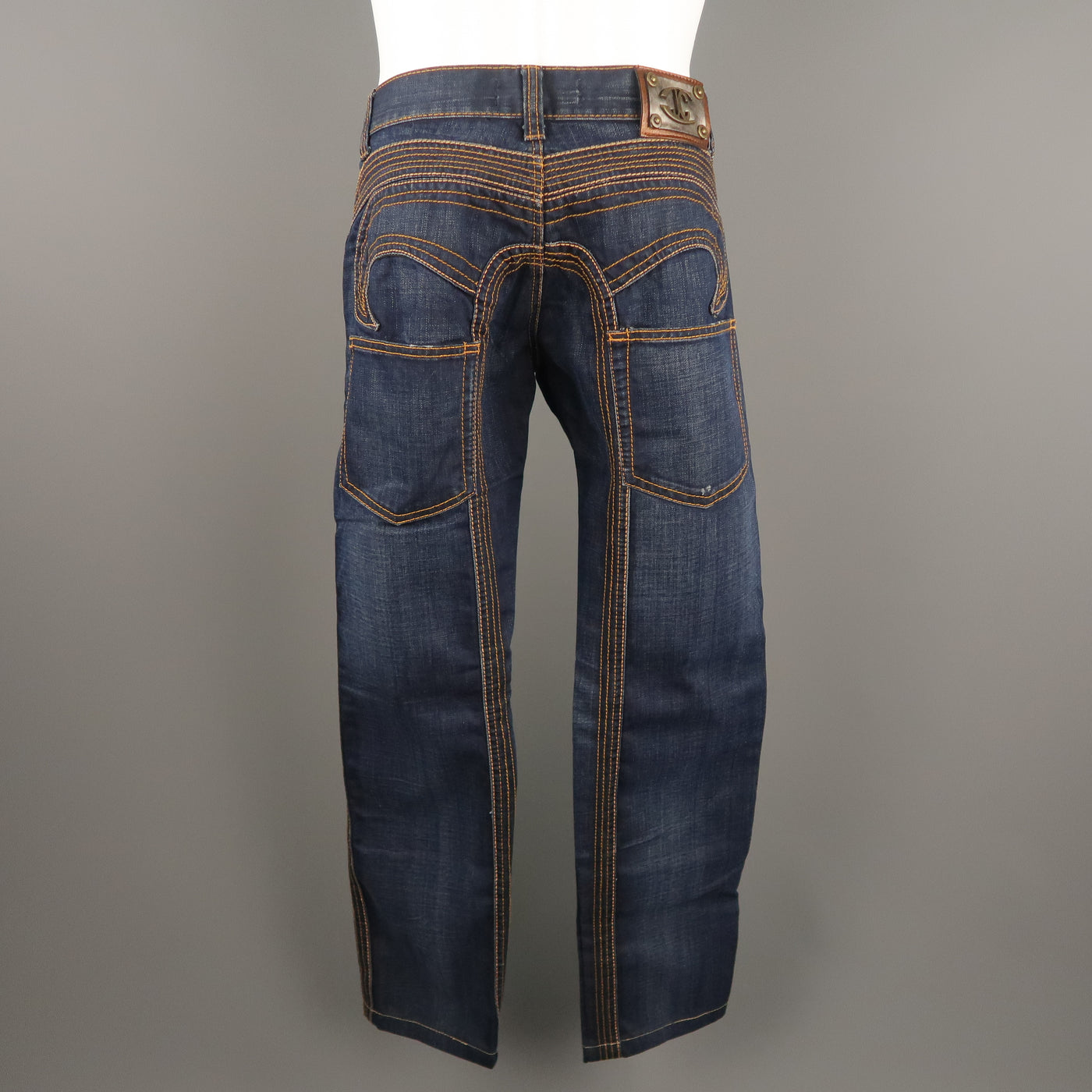 JUST CAVALLI Size 31 Indigo Contrast Stitch Denim 31 Button Fly Jeans