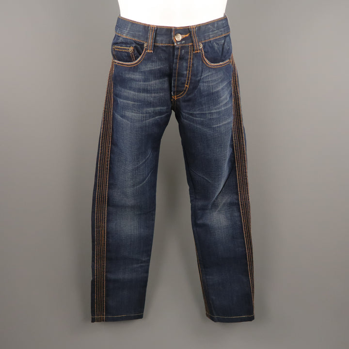 JUST CAVALLI Size 31 Indigo Contrast Stitch Denim 31 Button Fly Jeans