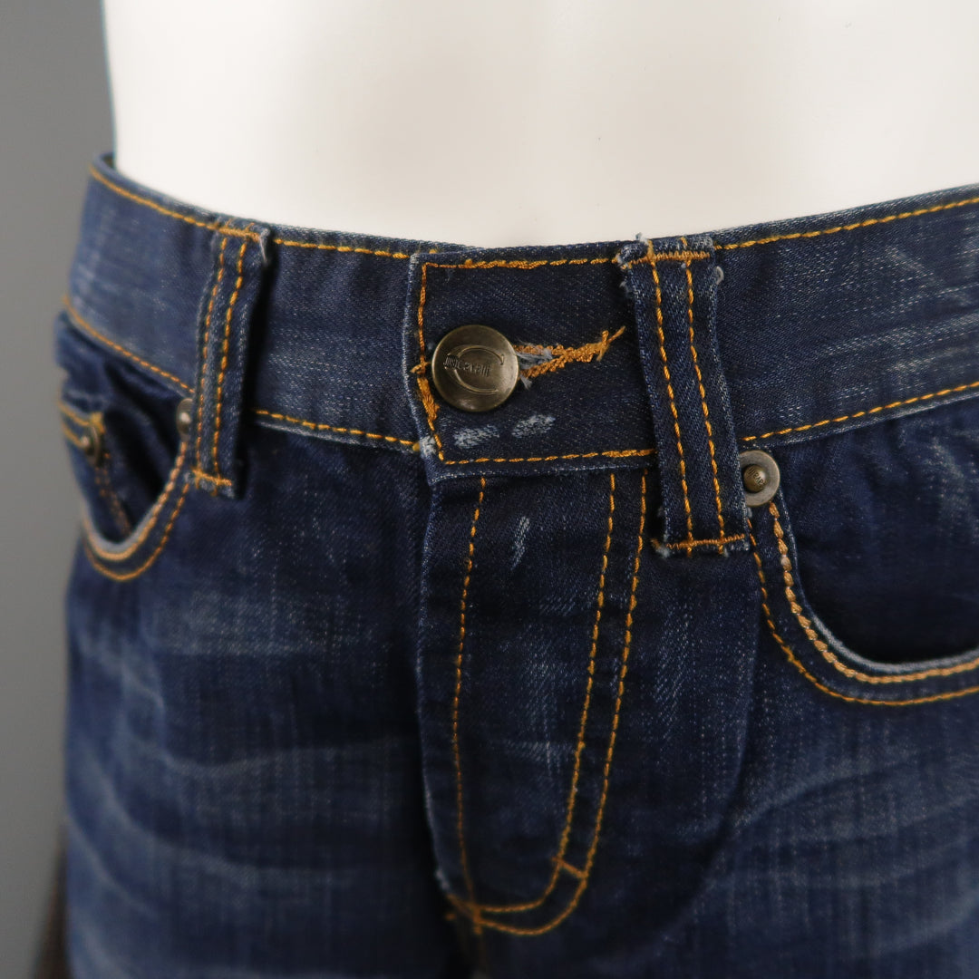 JUST CAVALLI Size 31 Indigo Contrast Stitch Denim 31 Button Fly Jeans