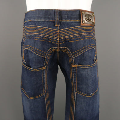 JUST CAVALLI Size 31 Indigo Contrast Stitch Denim 31 Button Fly Jeans