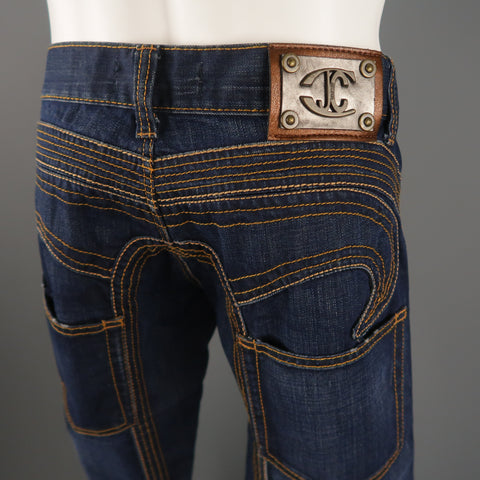 JUST CAVALLI Size 31 Indigo Contrast Stitch Denim 31 Button Fly Jeans