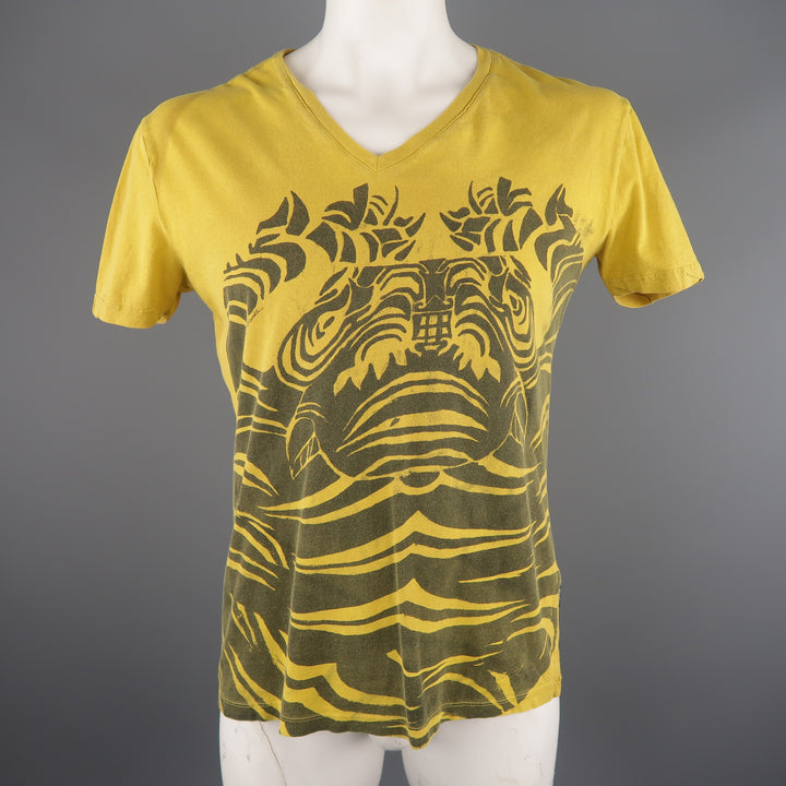 JUST CAVALLI Size L Yellow Graphic Cotton T-shirt