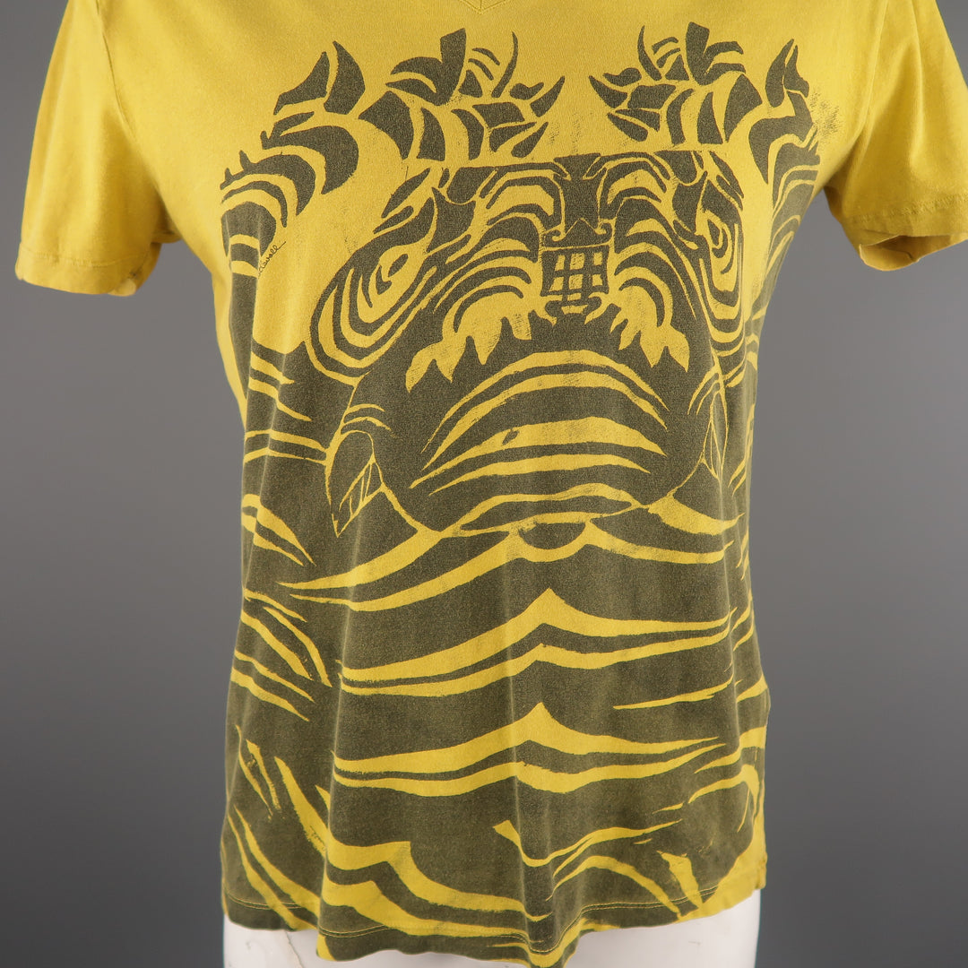JUST CAVALLI Size L Yellow Graphic Cotton T-shirt