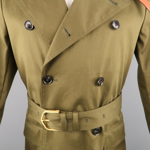 KENT CURWEN Chest Size S Olive Solid Cotton Notch Lapel Trenchcoat