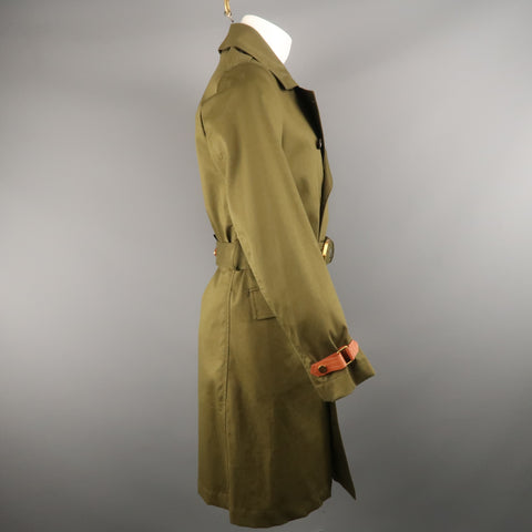 KENT CURWEN Chest Size S Olive Solid Cotton Notch Lapel Trenchcoat