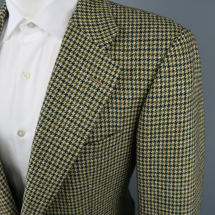 KITON 40 Green & Tan Gold Houndstooth Wool / Cashmere Notch Lapel Sport Coat