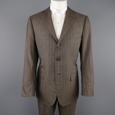 KITON 42 Regular Brown & Orange Pinstripe Cashmere 3 Button Notch Lapel Suit