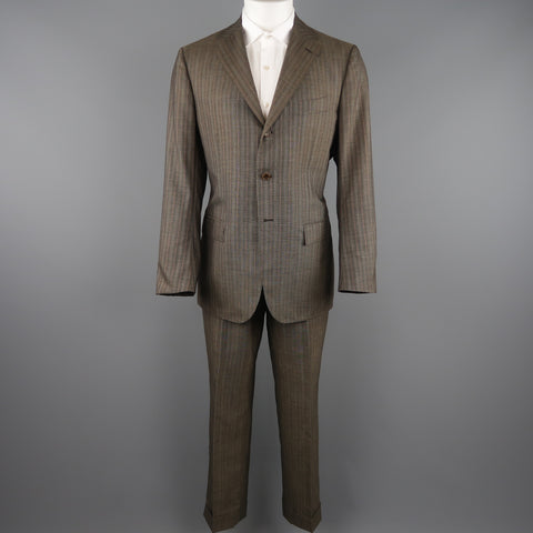 KITON 42 Regular Brown & Orange Pinstripe Cashmere 3 Button Notch Lapel Suit