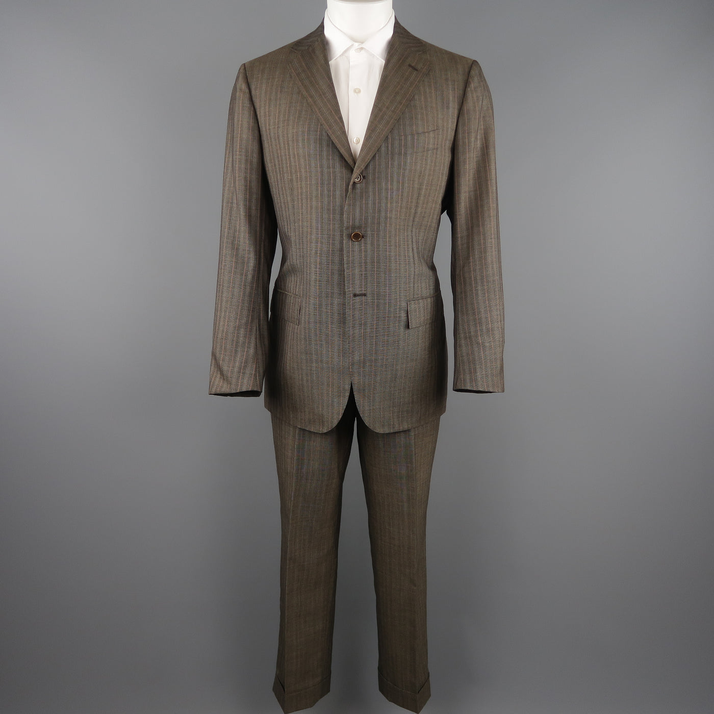 KITON 42 Regular Brown & Orange Pinstripe Cashmere 3 Button Notch Lapel Suit