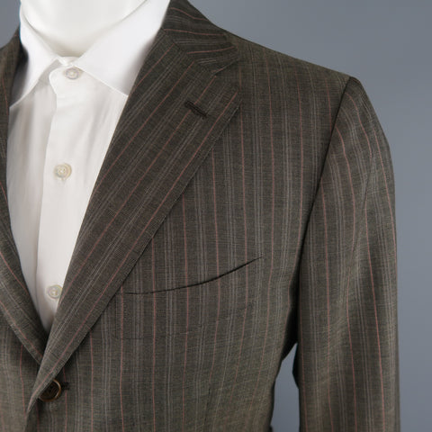 KITON 42 Regular Brown & Orange Pinstripe Cashmere 3 Button Notch Lapel Suit